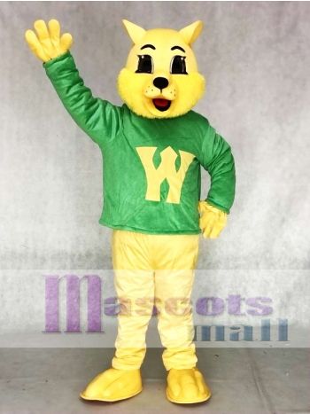 Yellow Wildcat Mascot Costume in Green Shirt